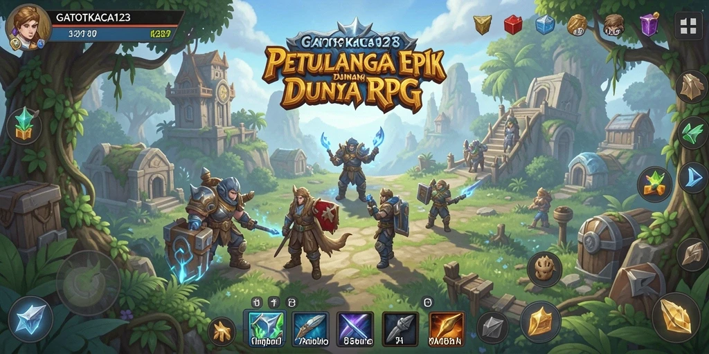 Screenshot gameplay GATOTKACA123 menampilkan pertarungan epik dan eksplorasi dunia fantastis.
