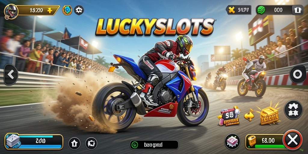 Gameplay seru dalam LUCKYSLOTS saat balapan motor di trek menantang.